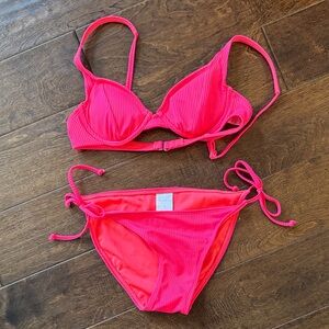 Hot Pink/coral Ribbed Two-Piece Bikini Set